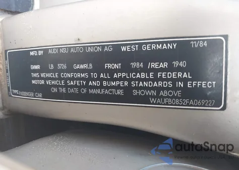 1985 Audi 4000 S Quattro из США, поврежденный, VIN WAUFB0852FA069227